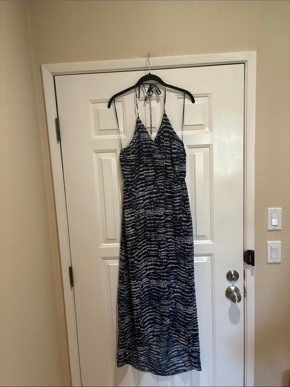 Under Skies Navy Patterned high low Halter Maxi Dress